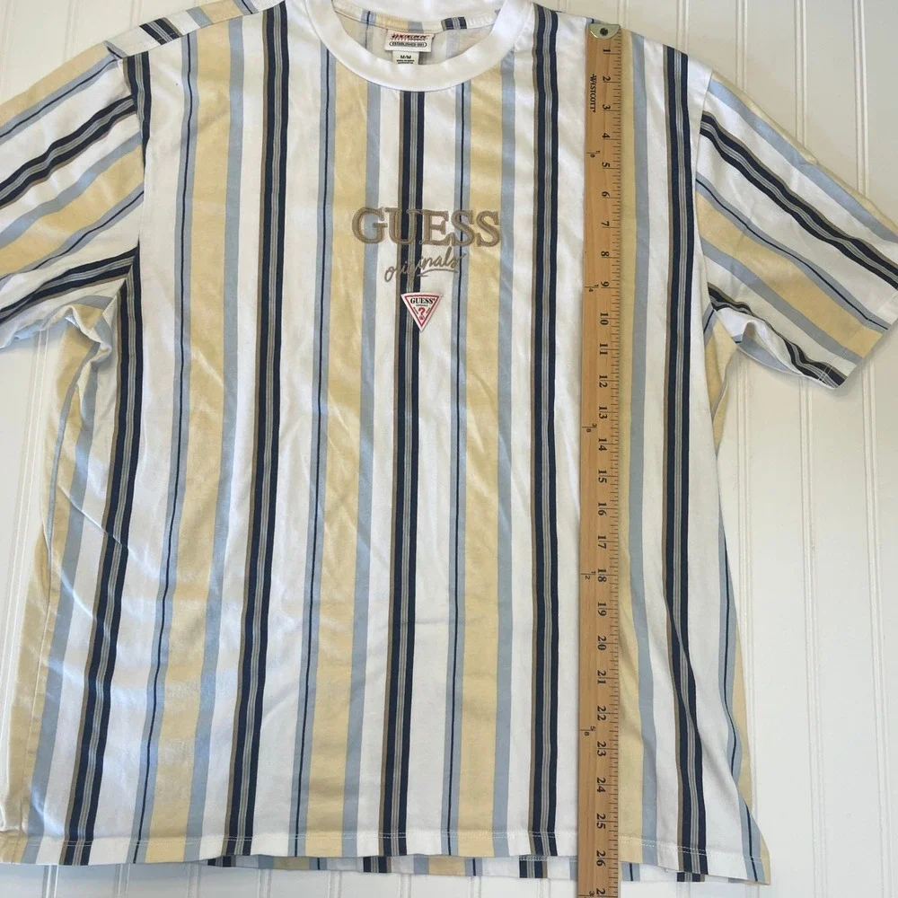 GUESS Originals Mens Vertical Stripe Logo T-Shirt Yellow Blue Medium - Picture 3 of 7